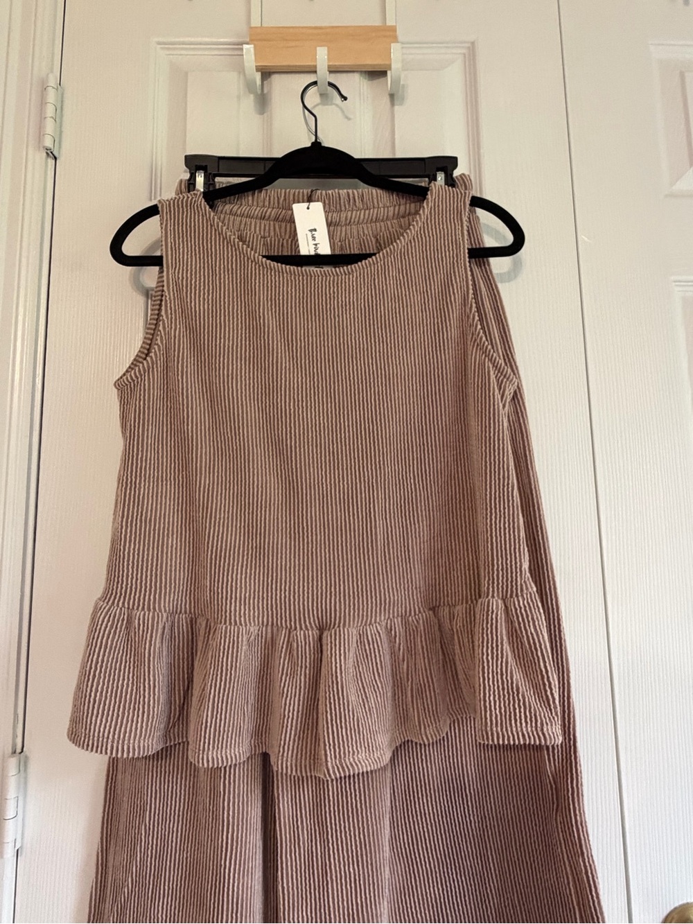 Three Bird Nest Textured Gauze Peplum Lounge Set Wide Leg Pants Neutral Boho M - Picture 6 of 11